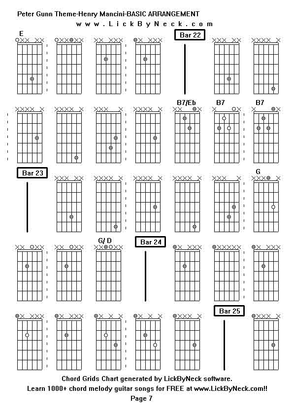 Chord Grids Chart of chord melody fingerstyle guitar song-Peter Gunn Theme-Henry Mancini-BASIC ARRANGEMENT,generated by LickByNeck software.